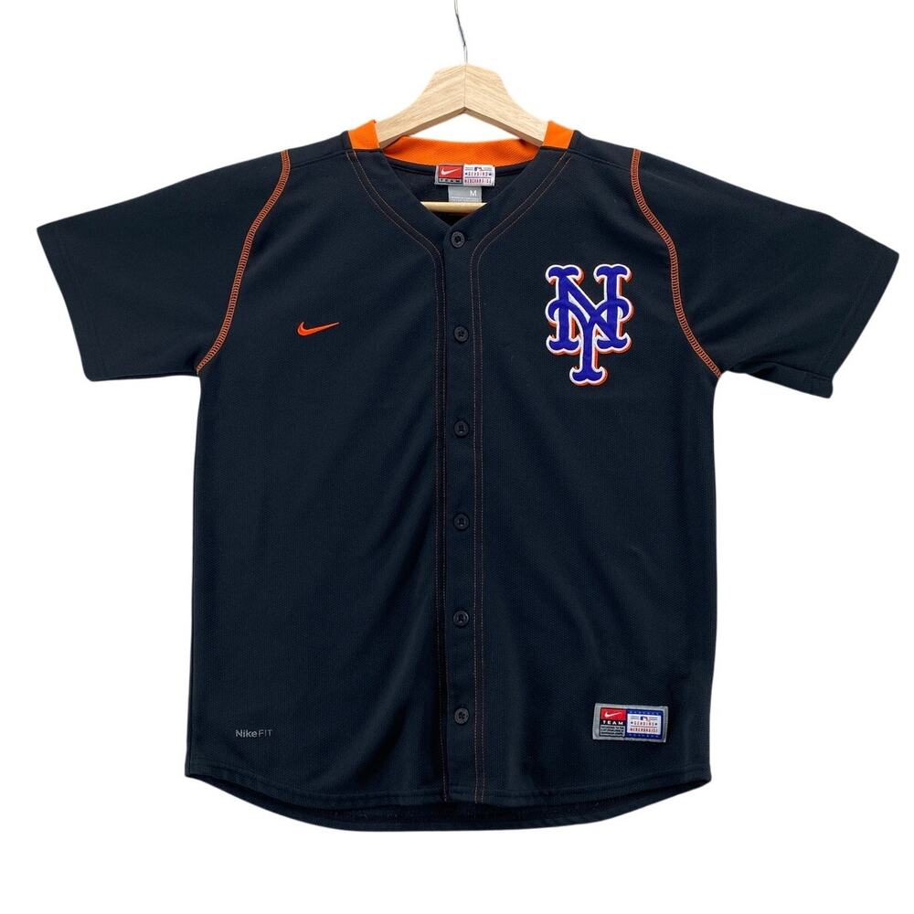 Nike Team New York Mets Baseball Jersey Black Youth XL Tagged M MLB Button Up